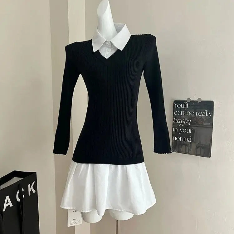 Autumn And Winter Preppy Style Fake Two-piece Mini Knitted Shirt JNi3 shop