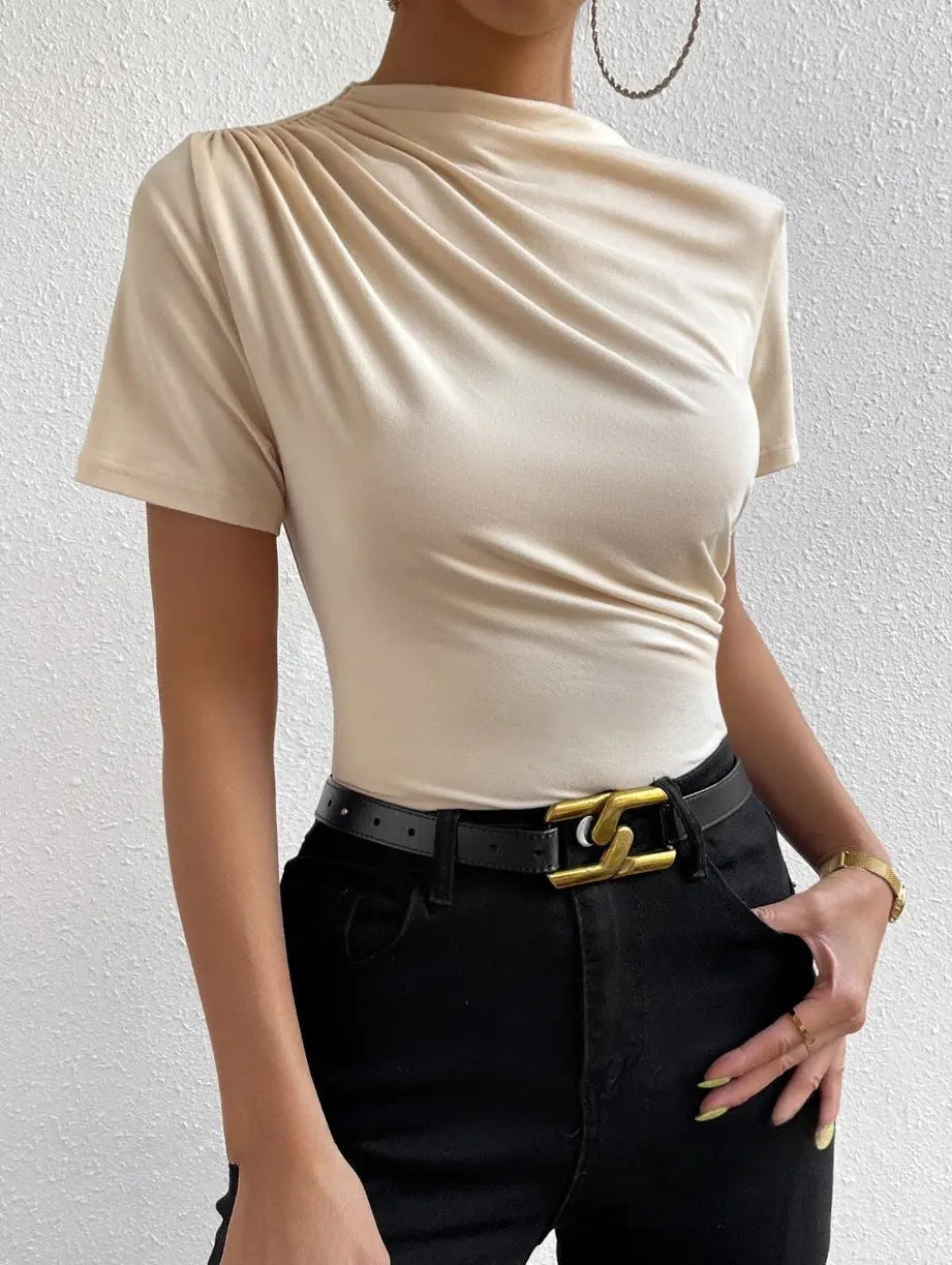 Women's Slim-fit Short-sleeved T-shirt With Small Turtleneck Pleating Cjdropshipping