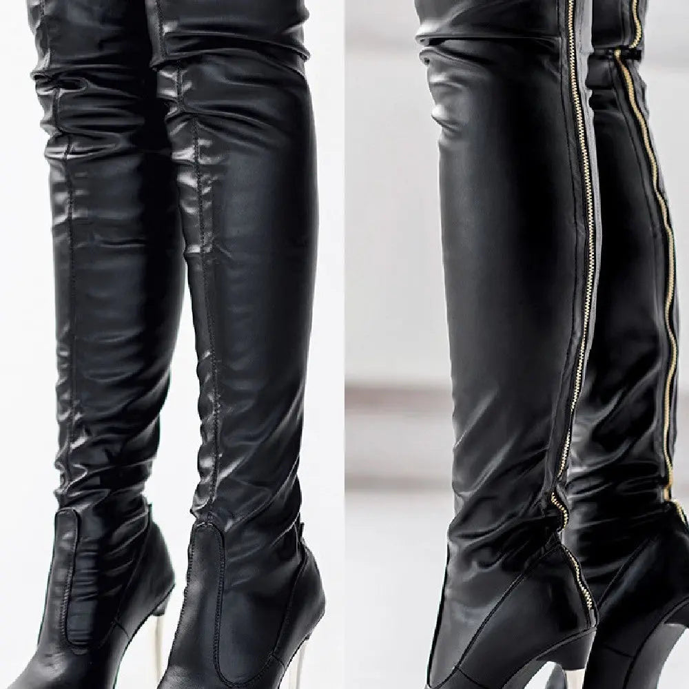 black skirt and over the knee boots