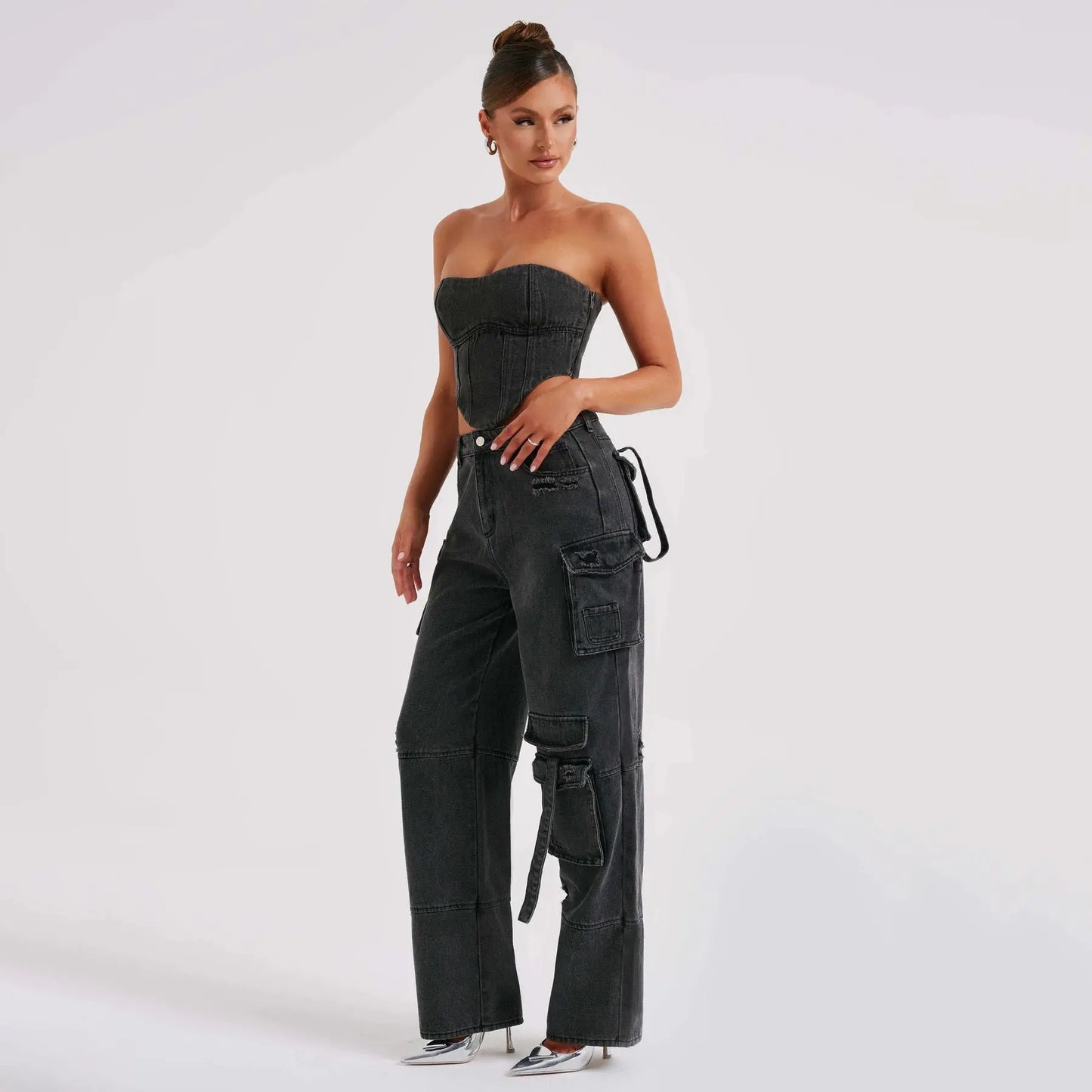 Women's Suit Low Waist Three-dimensional Tube Top And Pocket Stitching Jeans Pants Cjdropshipping