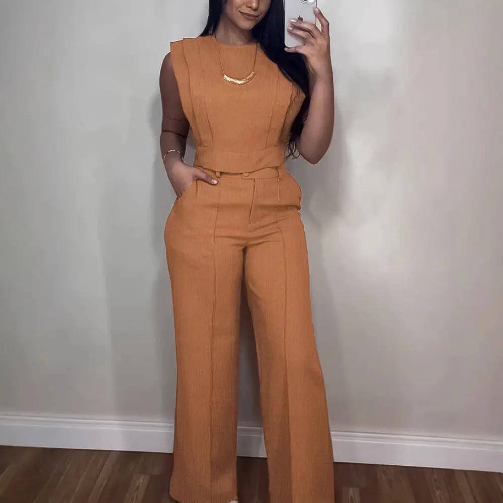 Summer Sleeveless Suit Fashion Round Neck Vest Top And Pocket Straight Pants Casual Trousers Set For Women Clothing Cjdropshipping