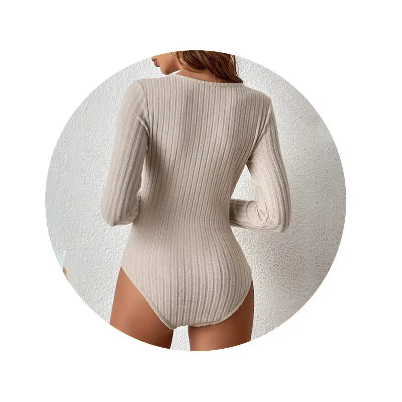 V-neck Long Sleeve Sunken Stripe One-piece Autumn And Winter Women JNi3 shop