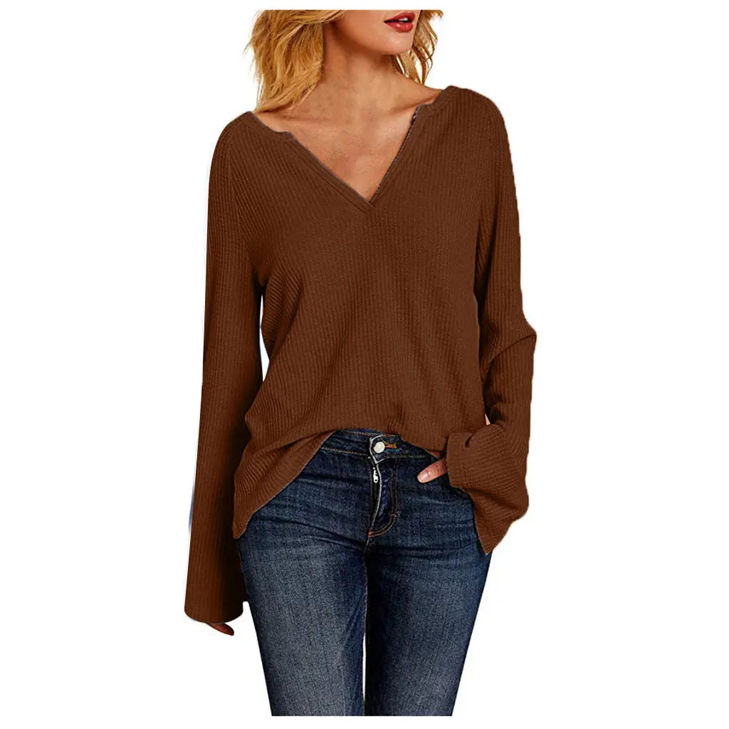 New Style Trumpet Sleeve Casual V-Neck Women's T-Shirt Top Cjdropshipping