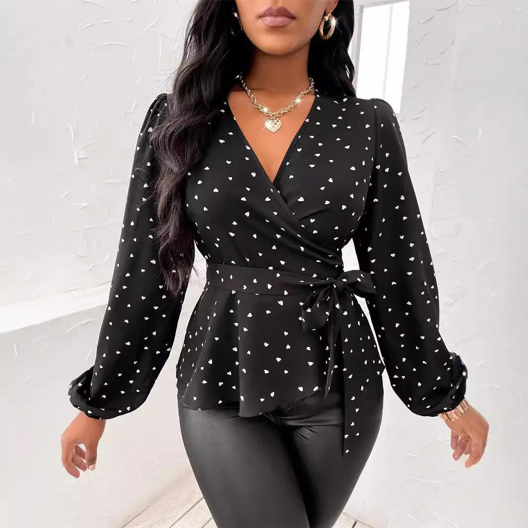 Women's V-neck Heart Shape Printed Cross Collar Drawstring Shirt Cjdropshipping