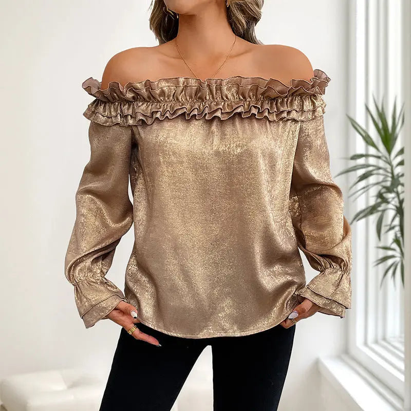 Off-shoulder Long Sleeve Golden Shirt For Women Autumn JNi3 shop