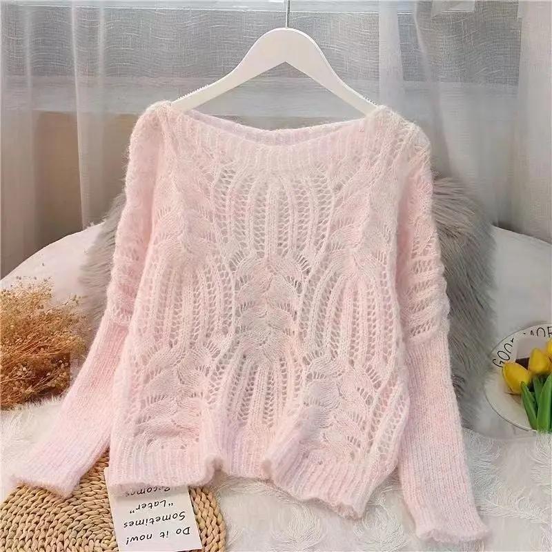 Women's Sweater Pullover Loose Autumn Clothing Retro Twist Hollow Top Short JNi3 shop