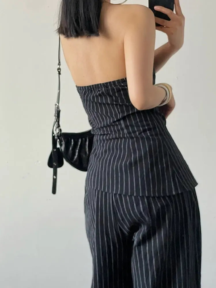 Retro Hot Girl Striped Tube Top Vest Women's Cotton Linen Casual Wide-leg Pants Suit Cjdropshipping