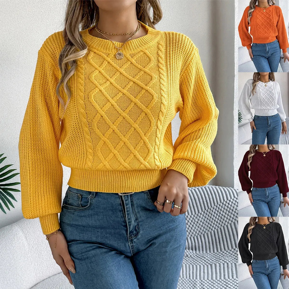 Solid Color Twist Lantern Long Sleeve Fitted Waist Sweater Women's Clothing JNi3 shop