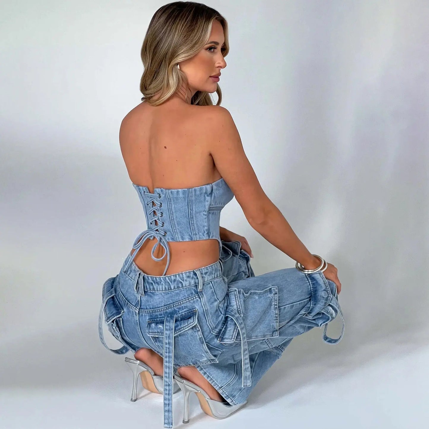 Women's Suit Low Waist Three-dimensional Tube Top And Pocket Stitching Jeans Pants Cjdropshipping