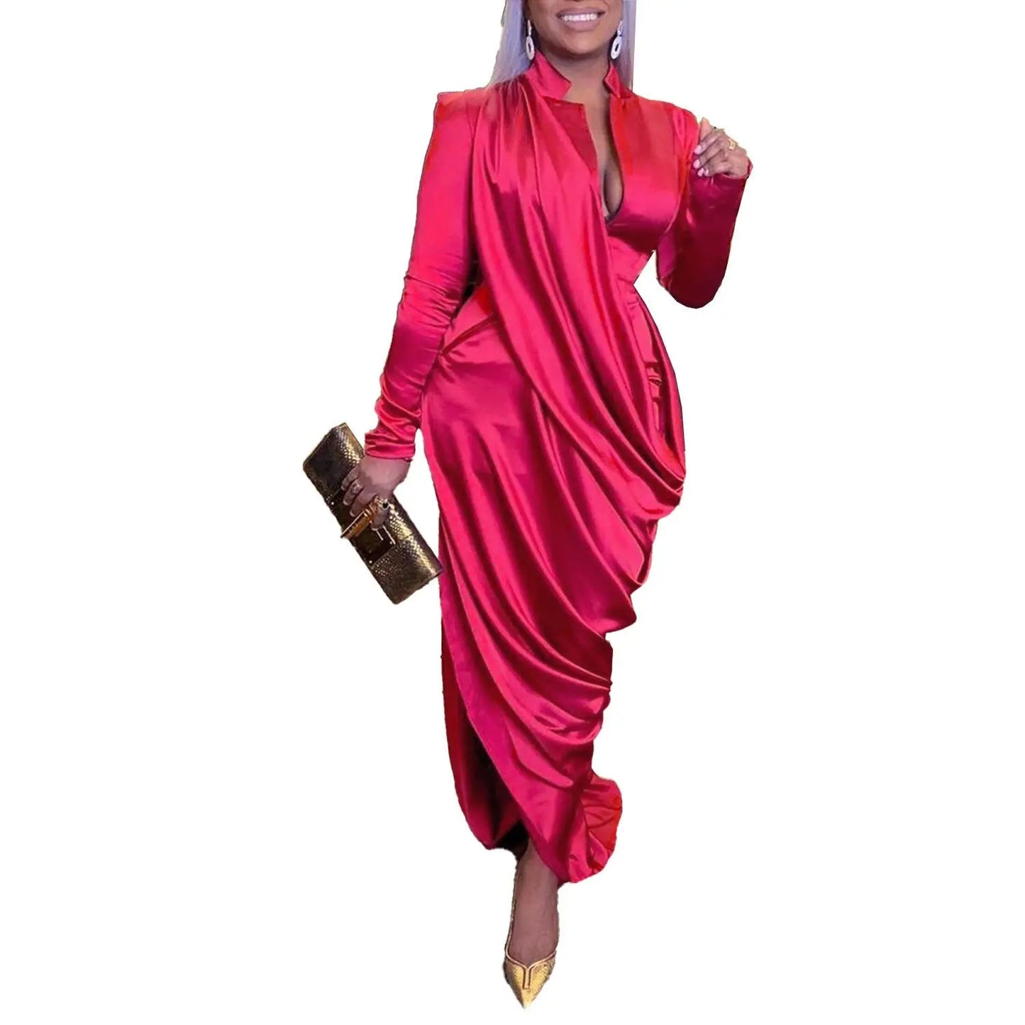 Deep V Pleated Slim-fit Long Sleeve Dress JNi3 shop