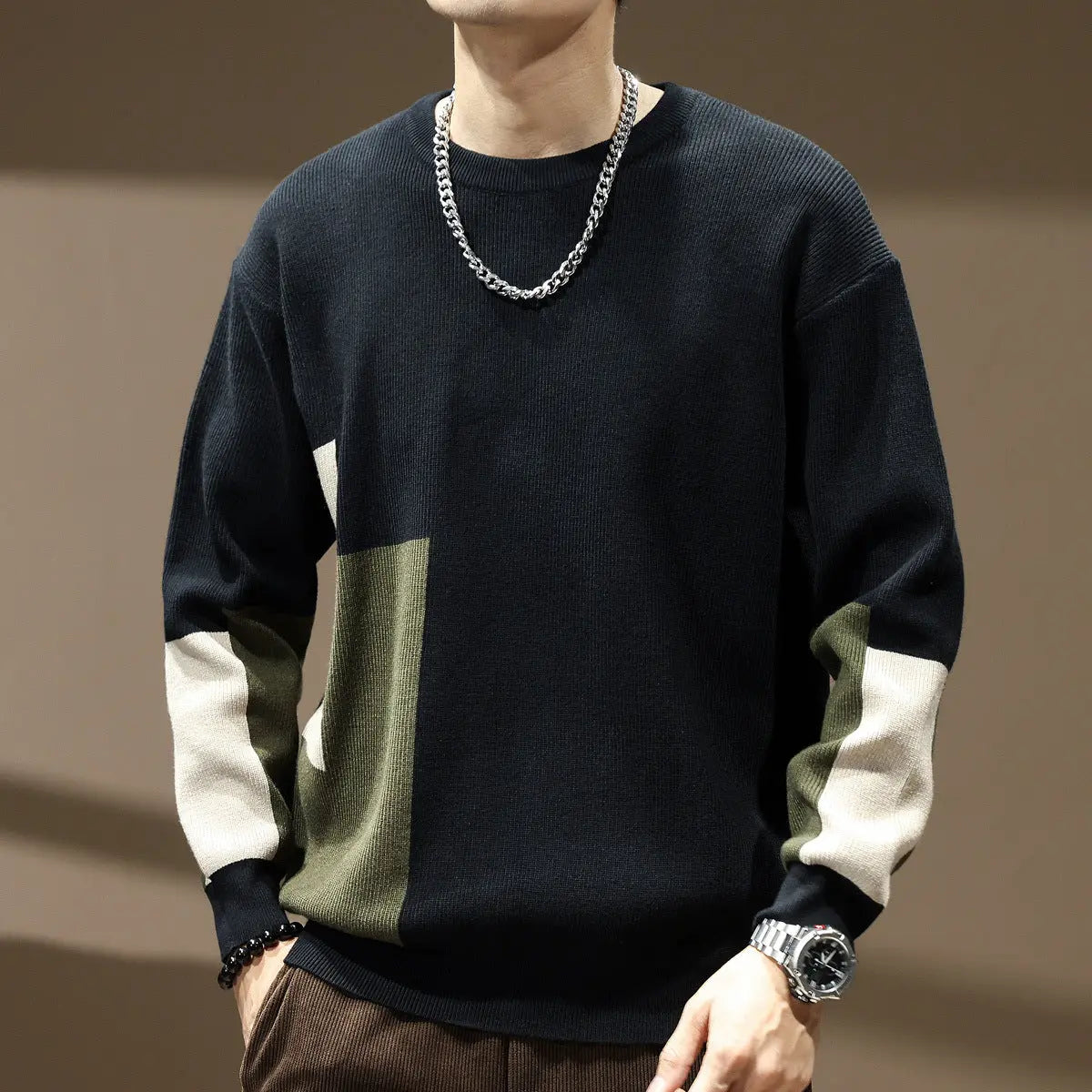 High Sense Color Contrast Patchwork Male Loose-fitting Oversized Sweater Dropshipman
