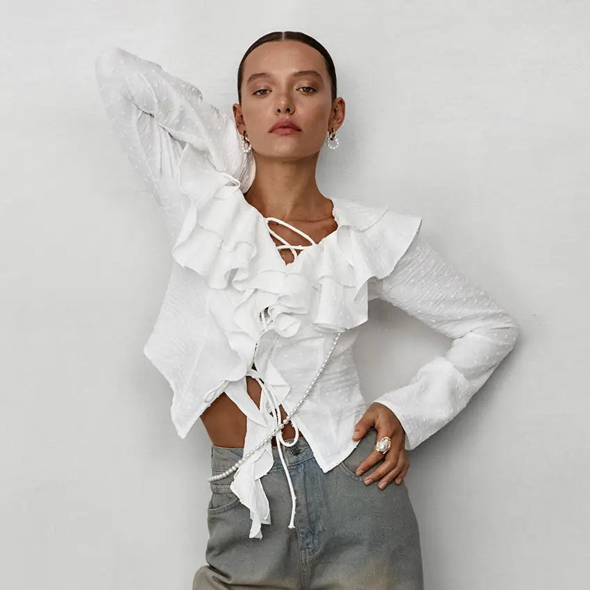 White Crepe Casual Ruffled Sexy Elegant Lace-up Long Sleeve Shirt JNi3 shop