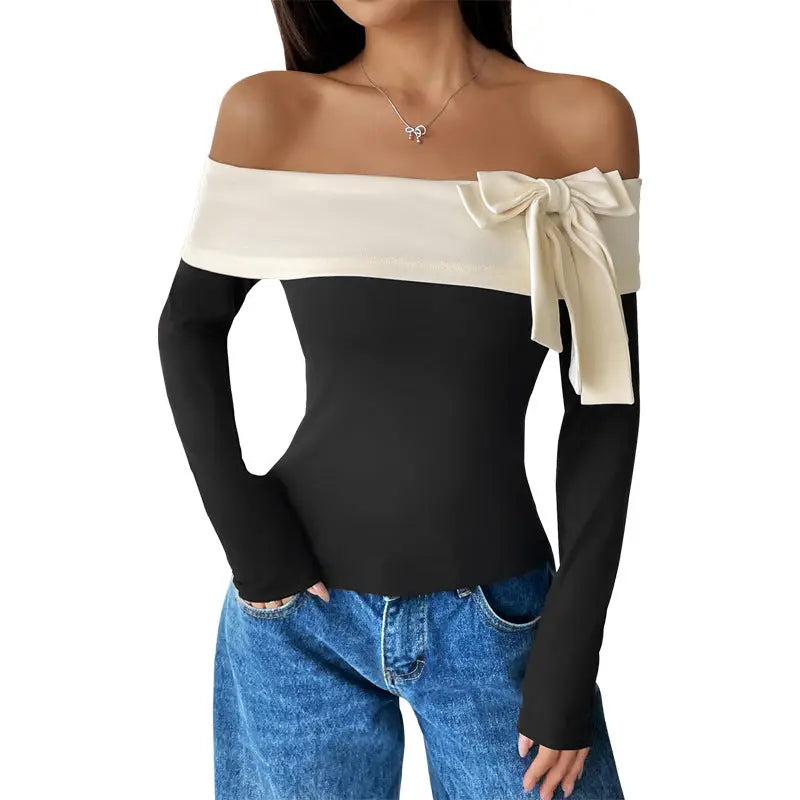 Women's Fashion Off-neck Bow T-shirt JNi3 shop