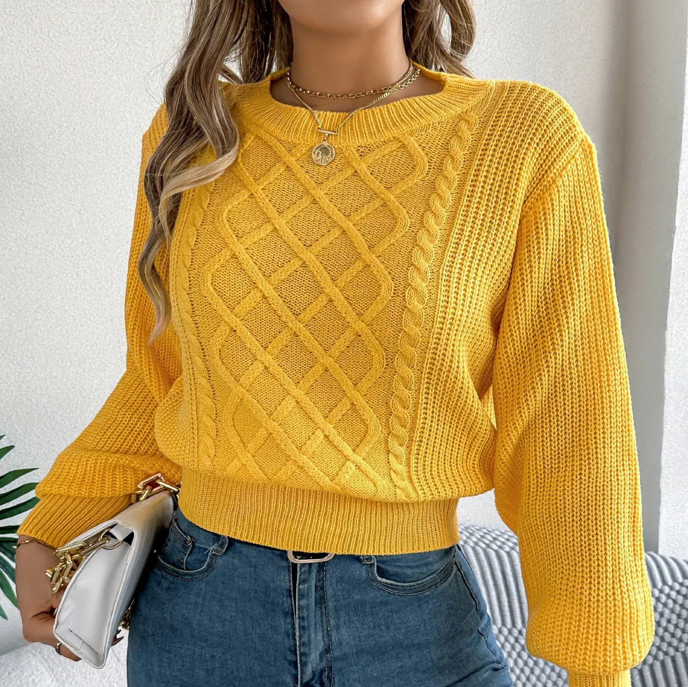 Solid Color Twist Lantern Long Sleeve Fitted Waist Sweater Women's Clothing JNi3 shop