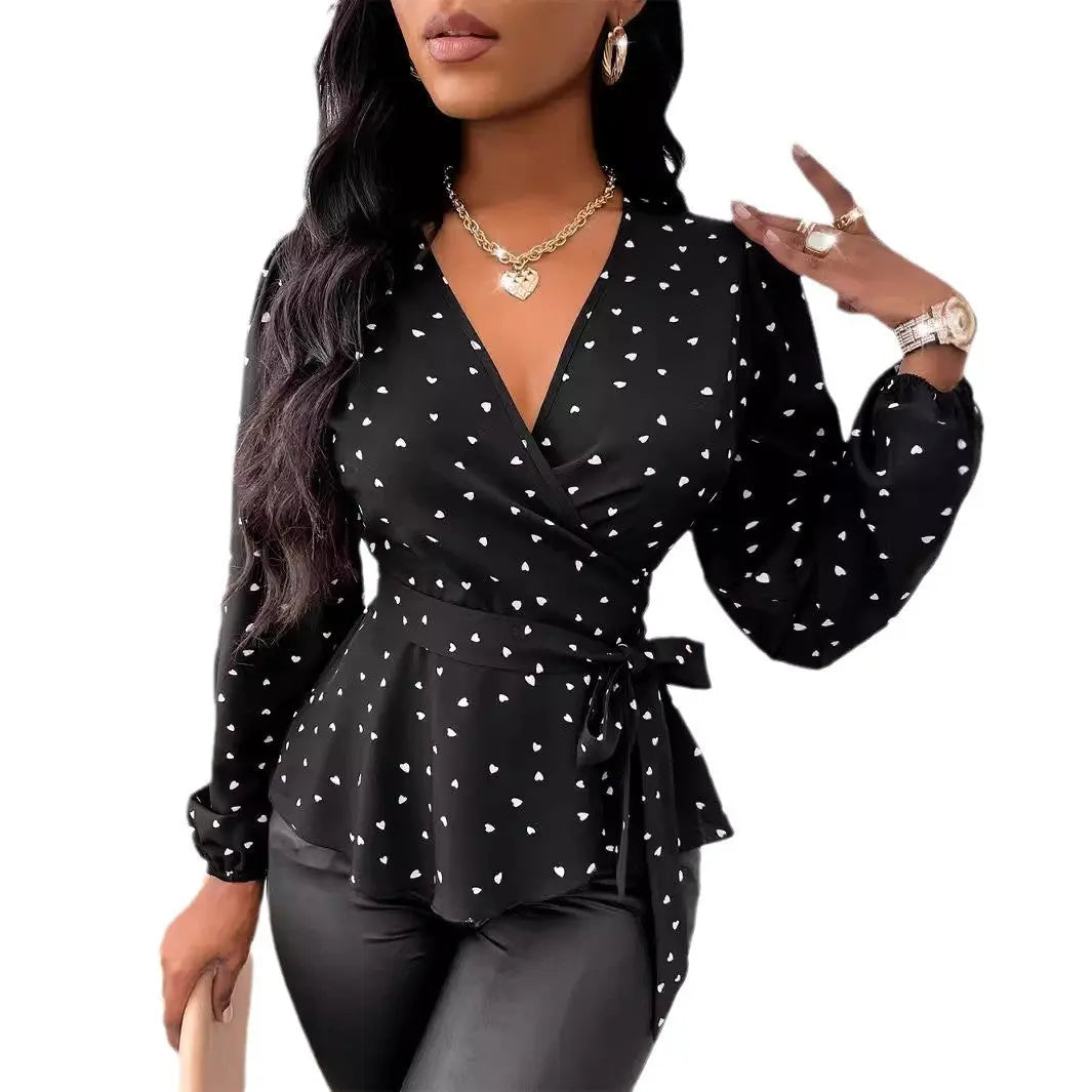 Women's V-neck Heart Shape Printed Cross Collar Drawstring Shirt Cjdropshipping