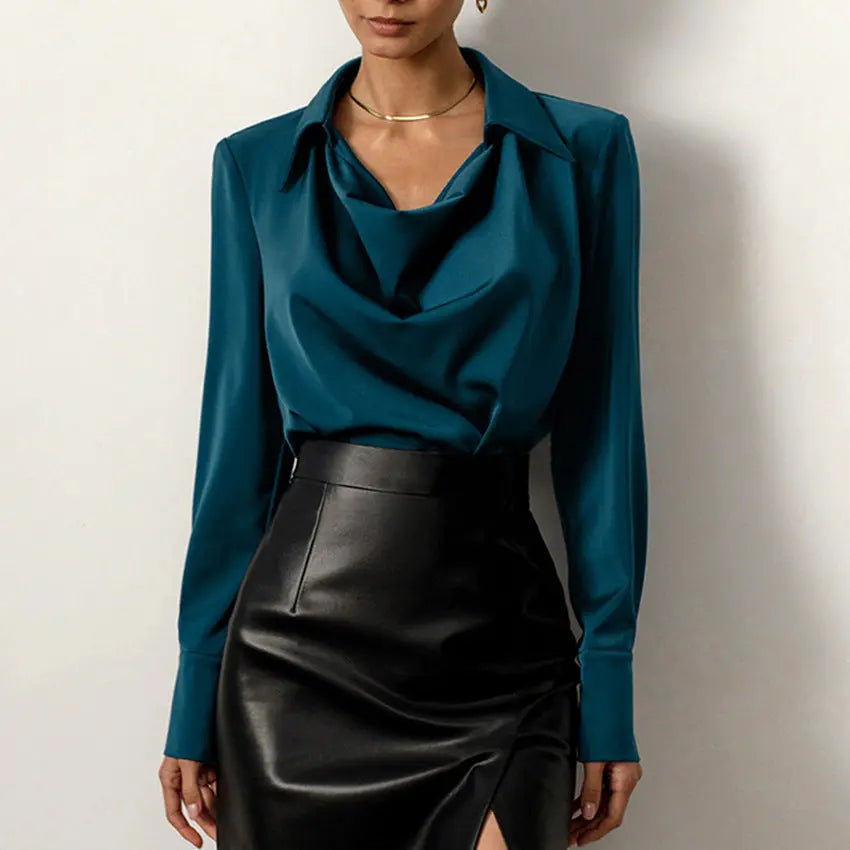 Women's Fashion Long Sleeve Irregular Collar Drape Shirt JNi3 shop