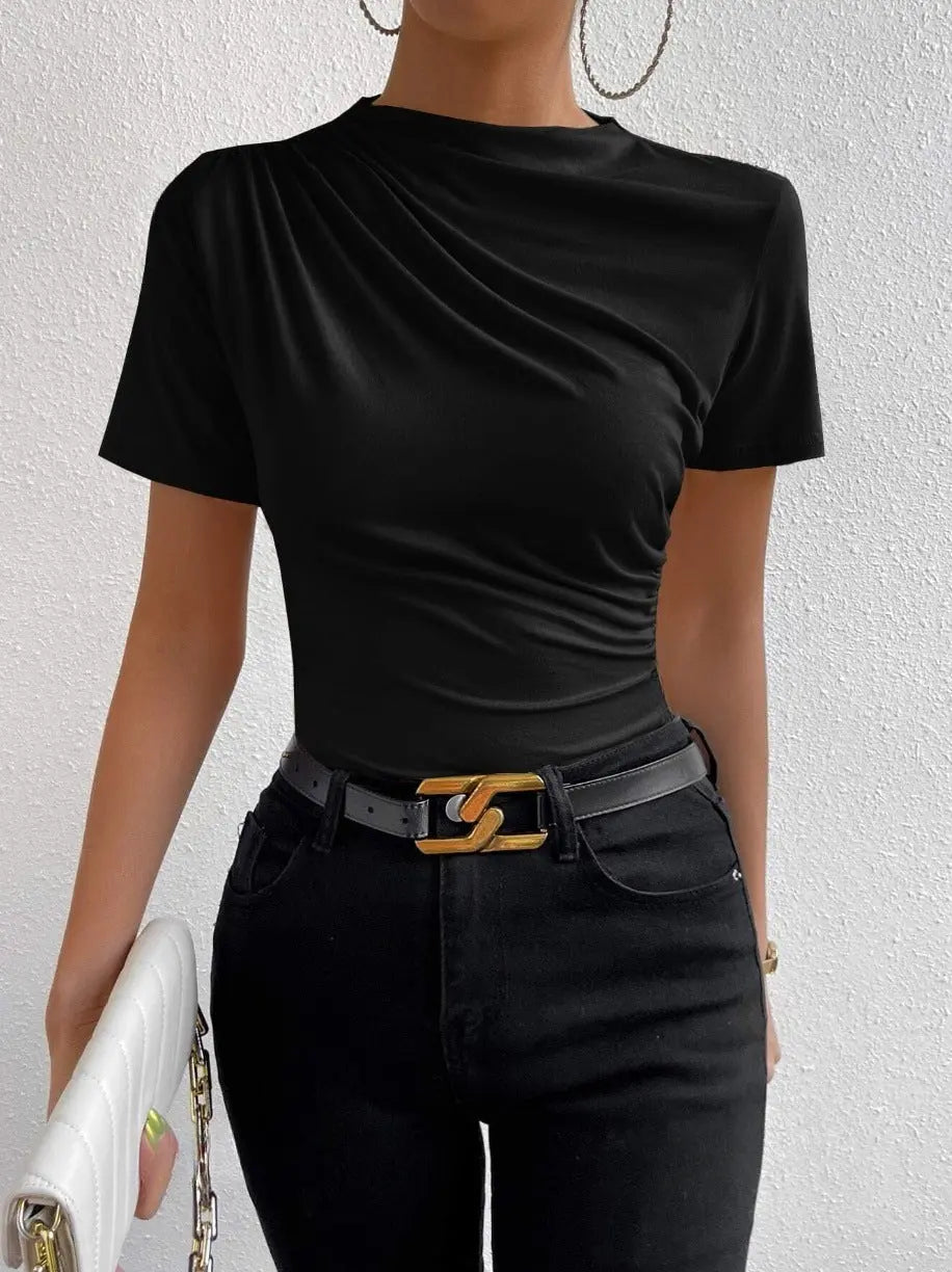 Women's Slim-fit Short-sleeved T-shirt With Small Turtleneck Pleating Cjdropshipping