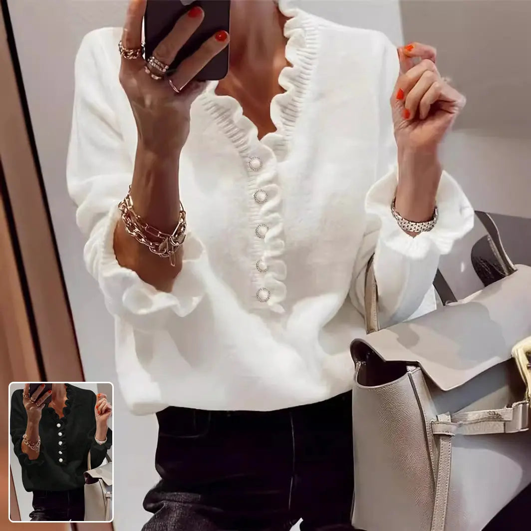 Winter V-neck Ruffled Knitted Sweater Fashion Pullover Long-sleeved Tops For Women JNi3 shop