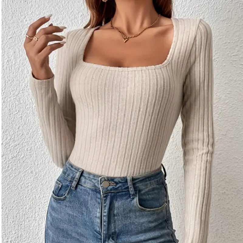 V-neck Long Sleeve Sunken Stripe One-piece Autumn And Winter Women JNi3 shop