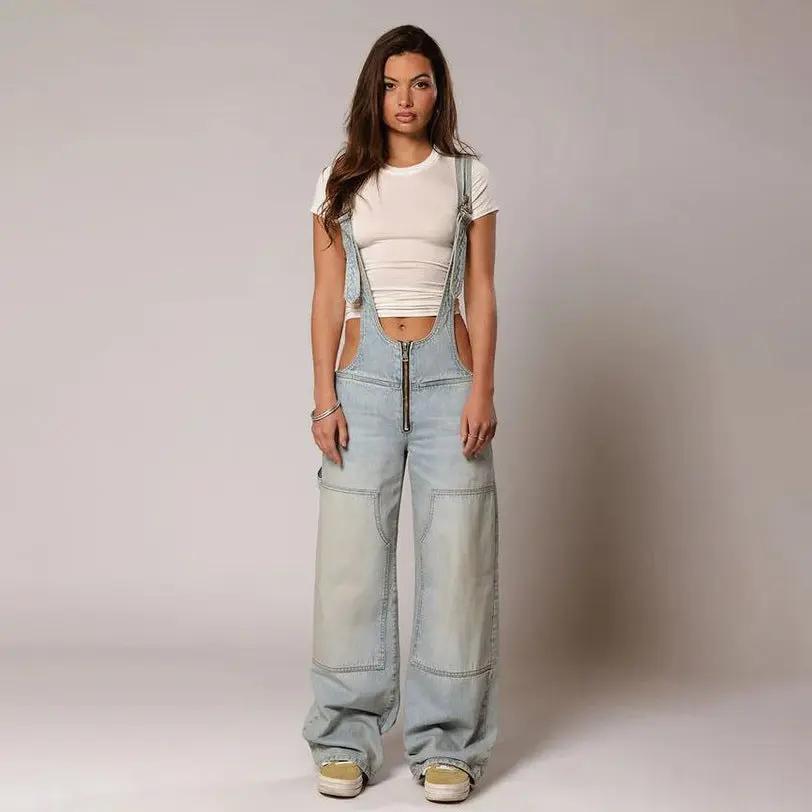 Y2K Zipper Denim Overalls With Pockets Fashion Loose Suspender Jumpsuit Streetwear Jeans Pants Womens Clothing Cjdropshipping