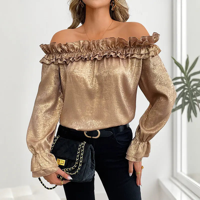 Off-shoulder Long Sleeve Golden Shirt For Women Autumn JNi3 shop