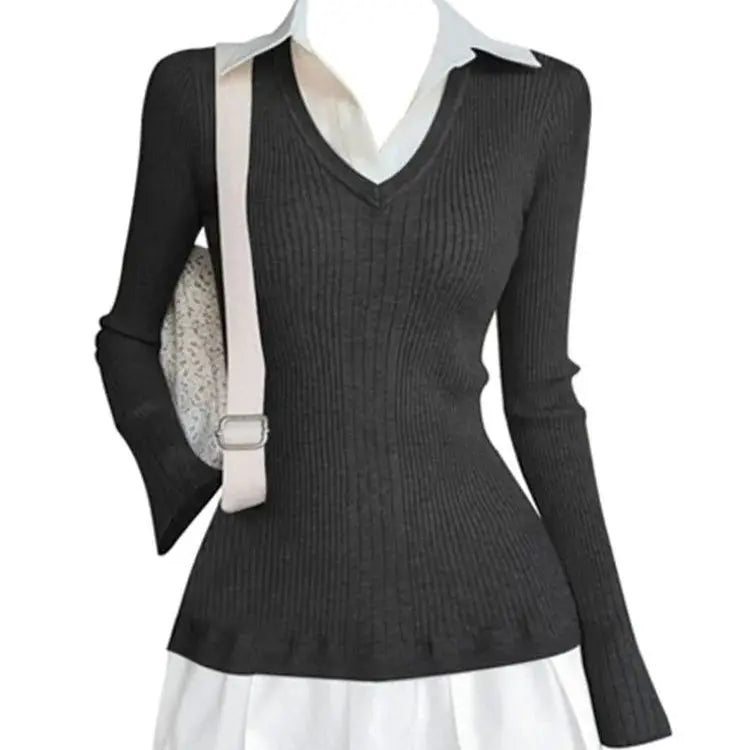 Autumn And Winter Preppy Style Fake Two-piece Mini Knitted Shirt JNi3 shop