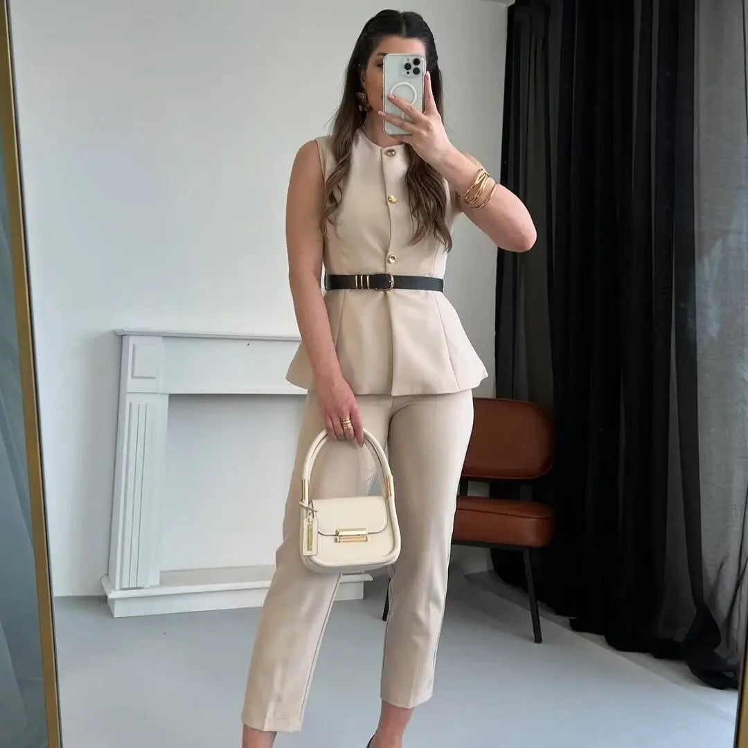 Belt Simple Sleeveless Shirt Bandage Dress Waist-tight Vest JNi3 shop