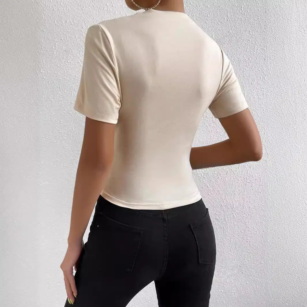 Women's Slim-fit Short-sleeved T-shirt With Small Turtleneck Pleating Cjdropshipping