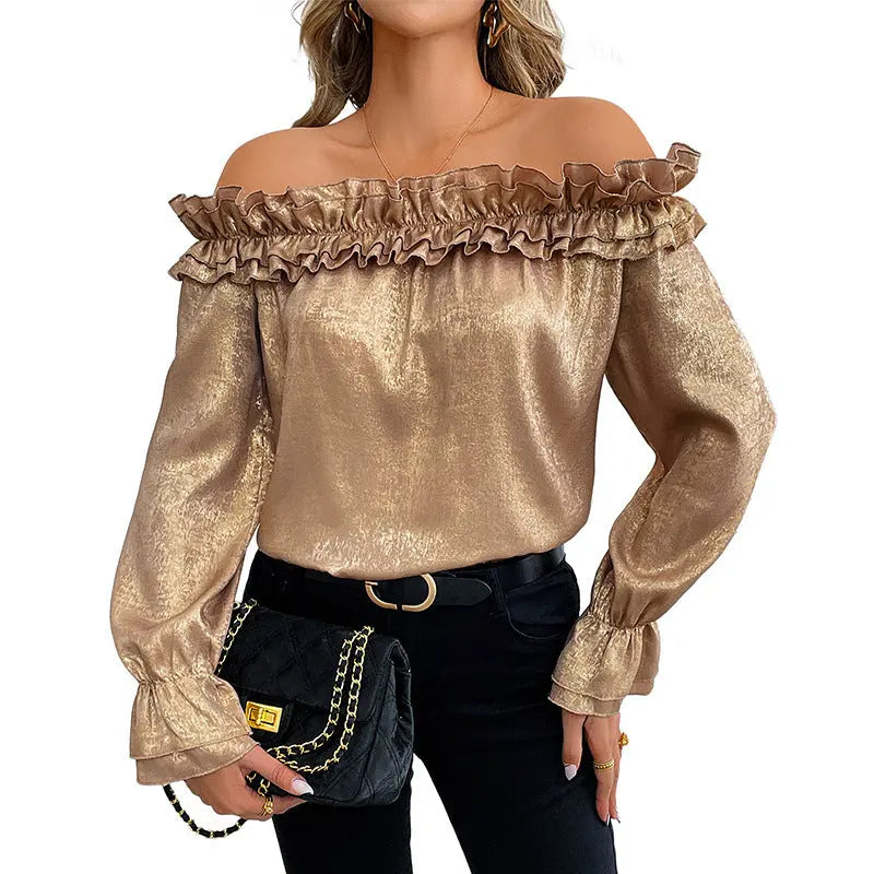 Off-shoulder Long Sleeve Golden Shirt For Women Autumn JNi3 shop