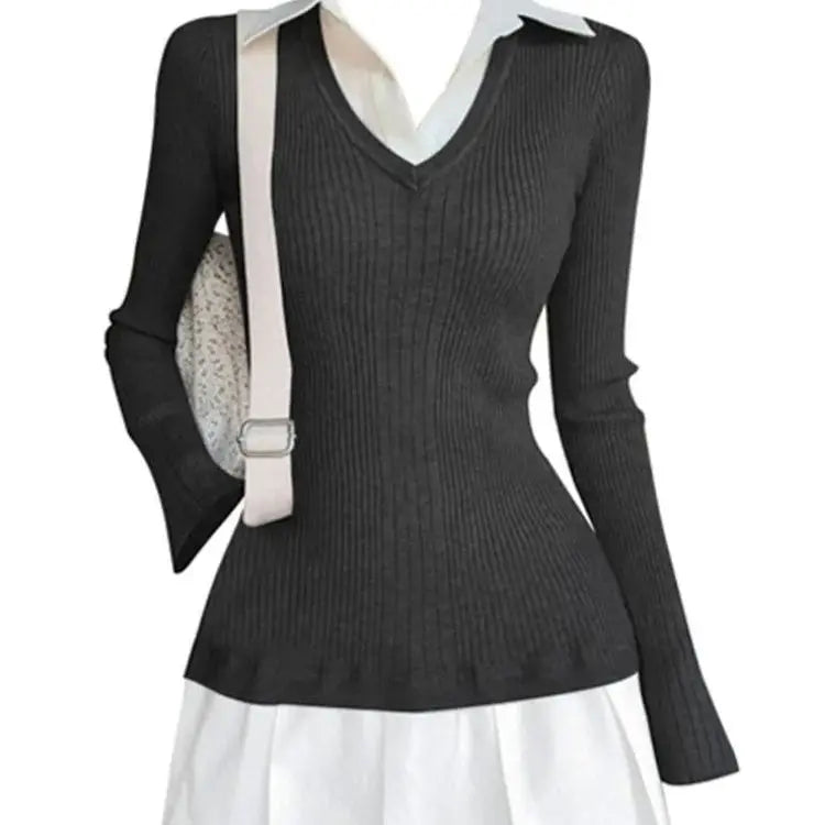 Autumn And Winter Preppy Style Fake Two-piece Mini Knitted Shirt JNi3 shop