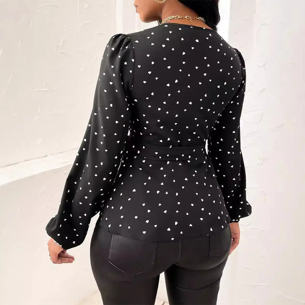 Women's V-neck Heart Shape Printed Cross Collar Drawstring Shirt Cjdropshipping