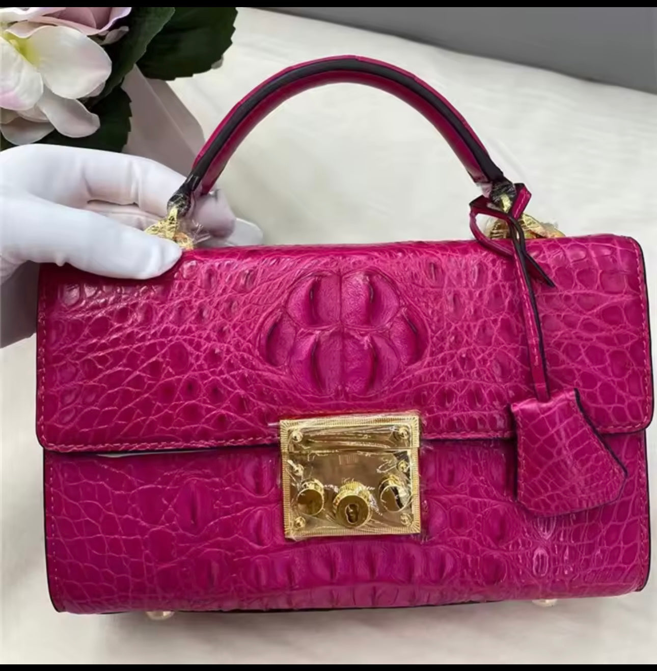 Genuine Alligator Skin Key Lock Closure Lady Small Green Handbag Authentic Crocodile Leather Women Flap Purse Cross Shoulder Bag