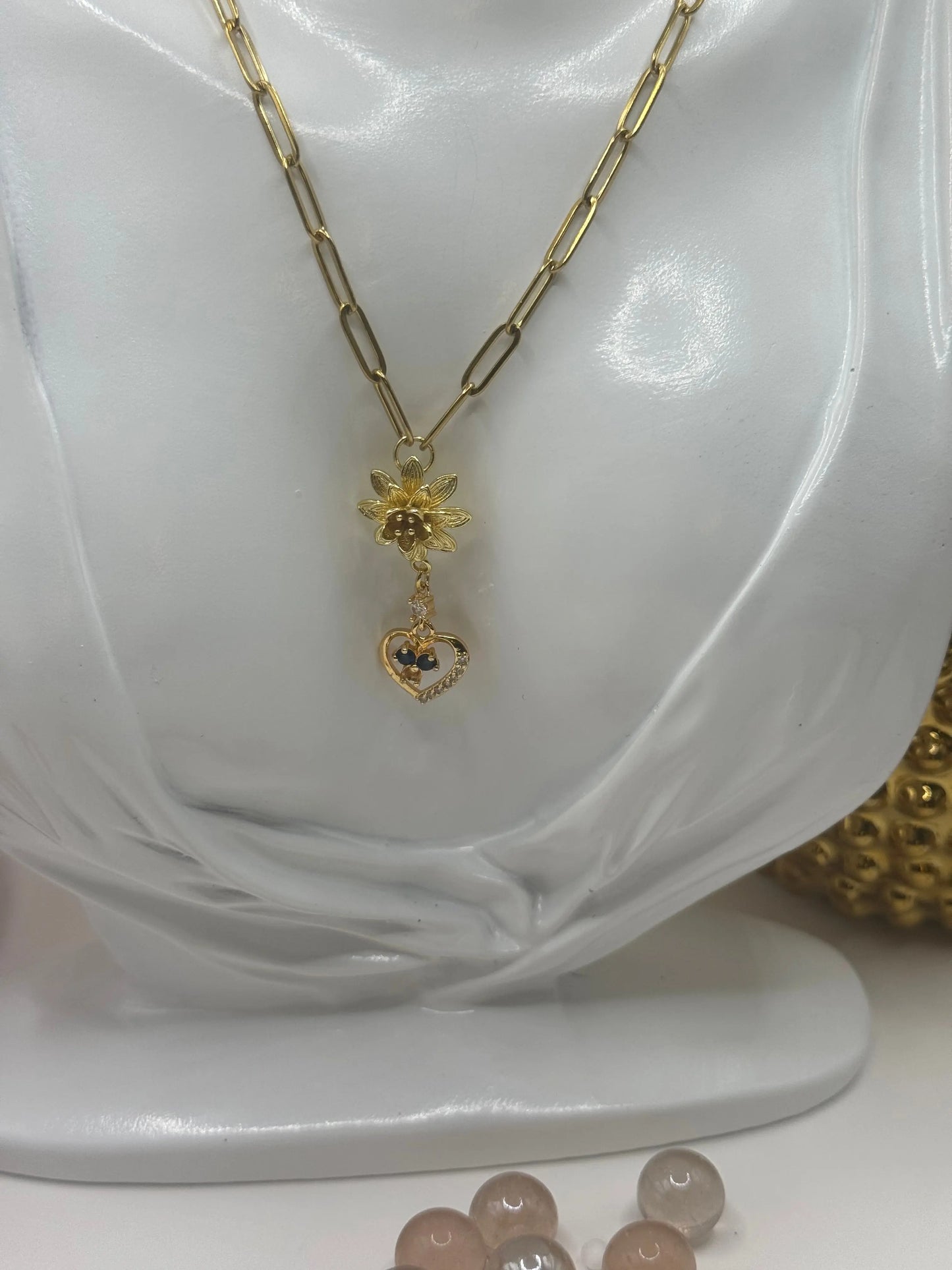 Blue Bloom Heart Drop – 18k Gold PVD Necklace with Floral Accent and Blue Crystal Heart Charm - JNi3 shop