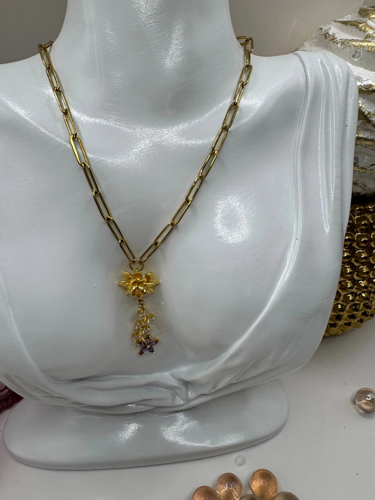 Lavender Bloom Drop – 18k Gold PVD Paperclip Chain Necklace with Floral Crystal Charms - JNi3 shop