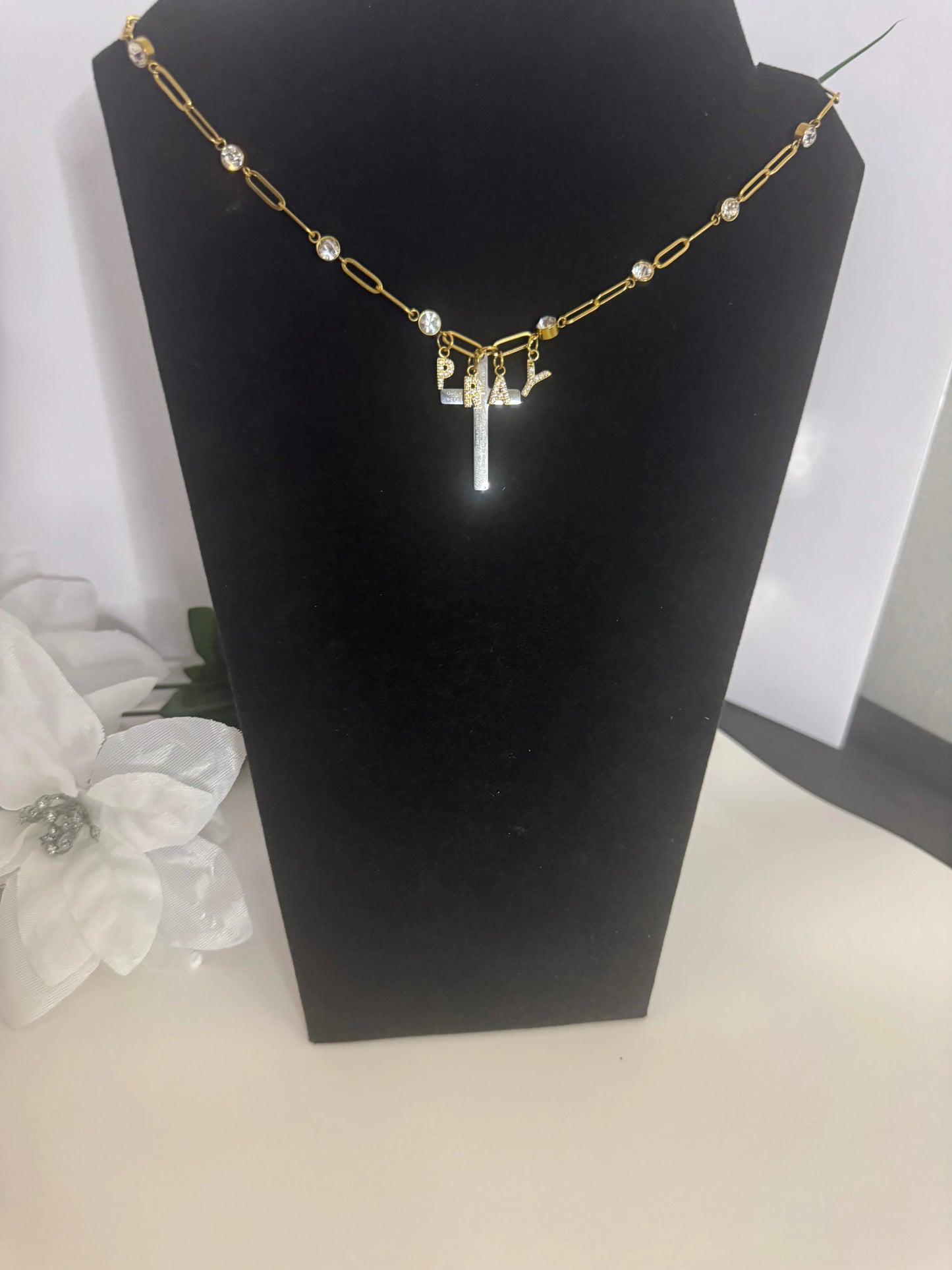 18K Gold PVD “PRAY” Cross Charm Necklace – Non-Tarnish Stainless Steel with CZ Accents - JNi3 shop
