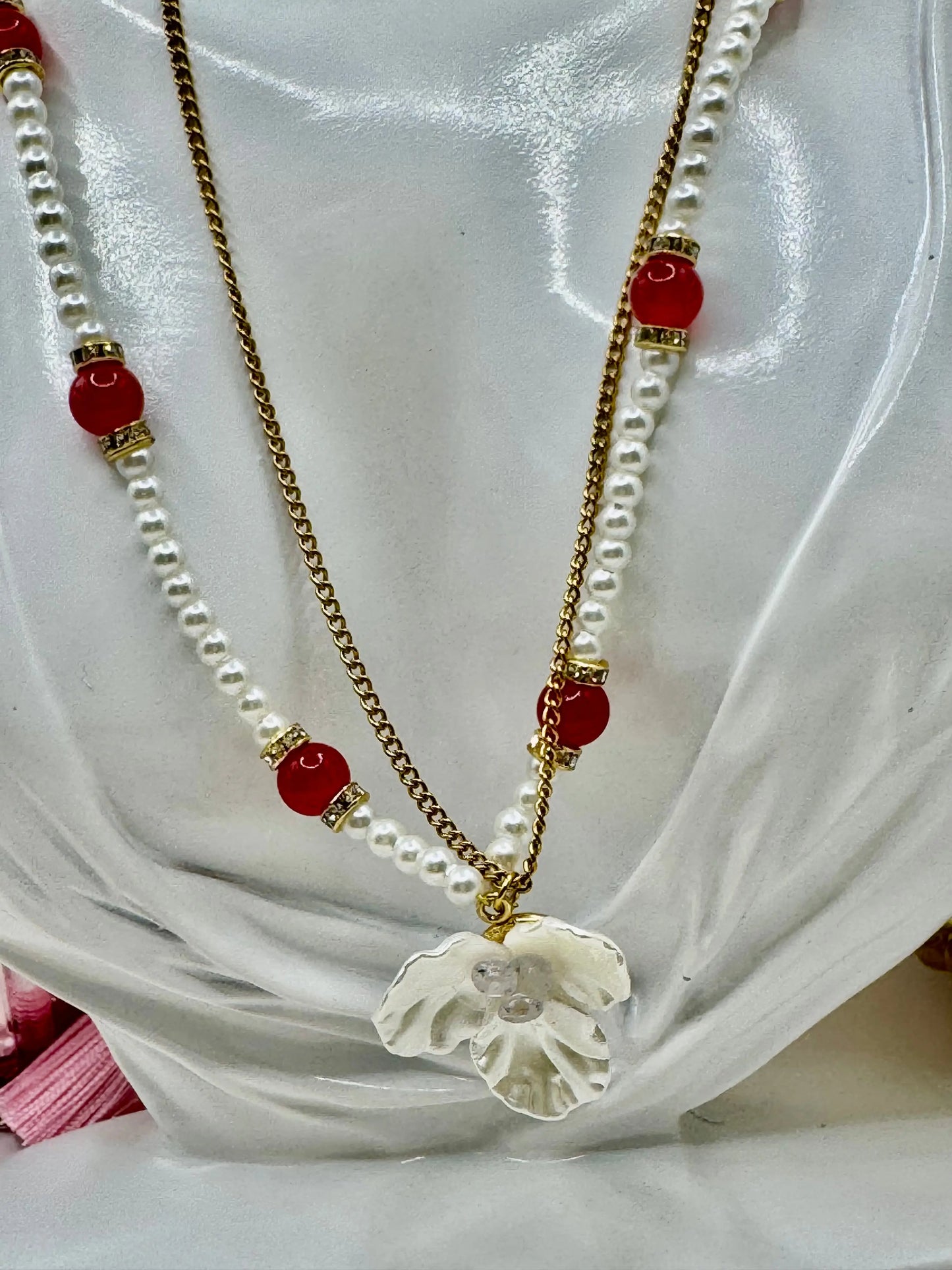 18k gold PVD Artificial pearl and glass beads Necklace with 3D Flower pendant and Bracelet set - JNi3 shop