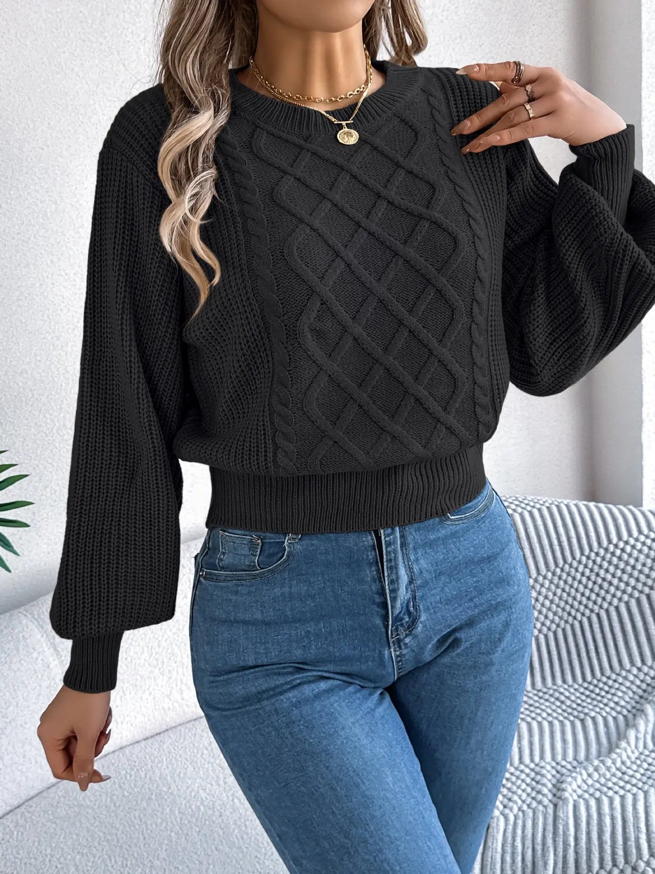 Solid Color Twist Lantern Long Sleeve Fitted Waist Sweater Women's Clothing JNi3 shop