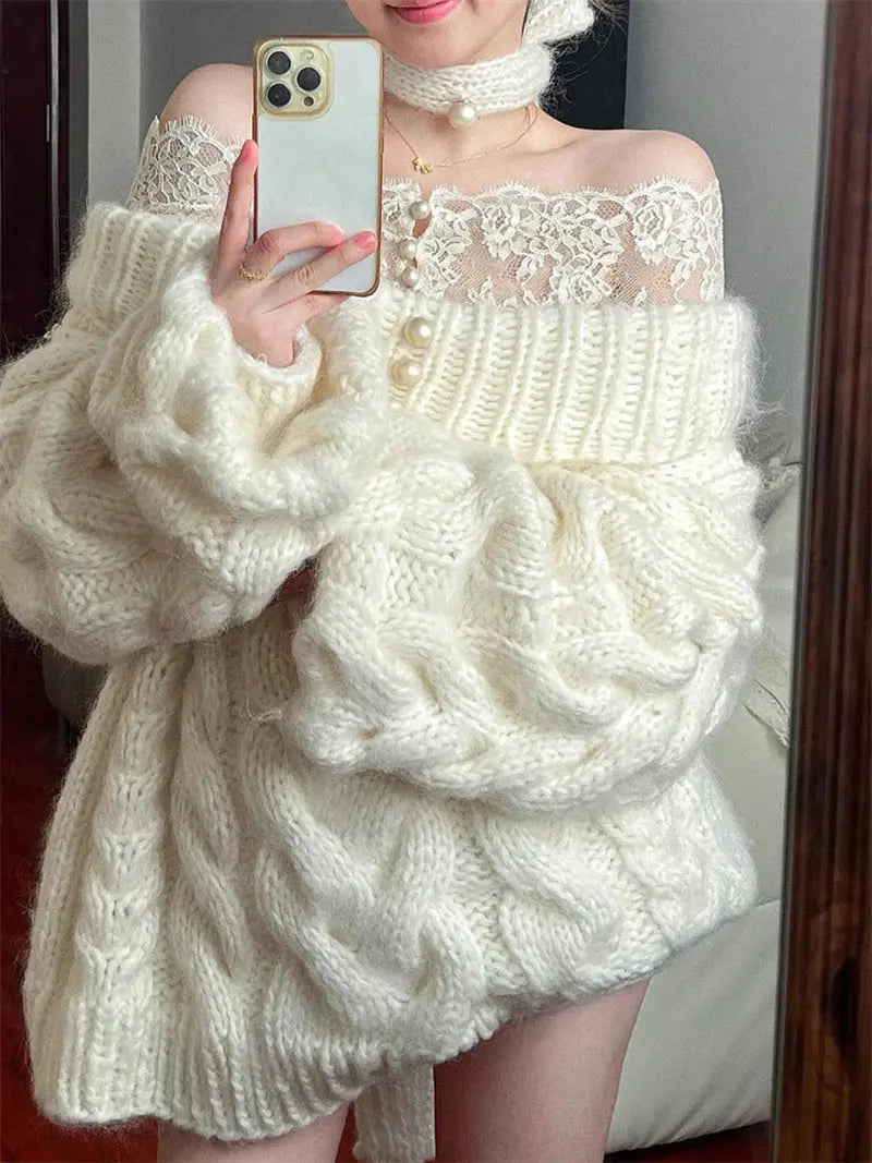 Elegant Slash Neck Sweater Women Fashion Lace Patchwork Knitted Pullovers Korean Oversized Knitwears Winter Long Sleeve Jumpers JNi3 shop