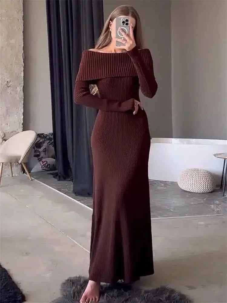 Tossy Fashion Knit Long Dress Off-Shoulder Female Ribbed Loose High Waist Elegant Autumn Party Dress Ladies Knitwear Maxi Dress JNi3 shop