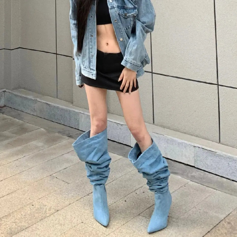 High-Top Western Cowboy Knight Boots Women's Pointed Toe arp Heel Denim Folded Faionable Spring Summer New Sle JNi3 shop