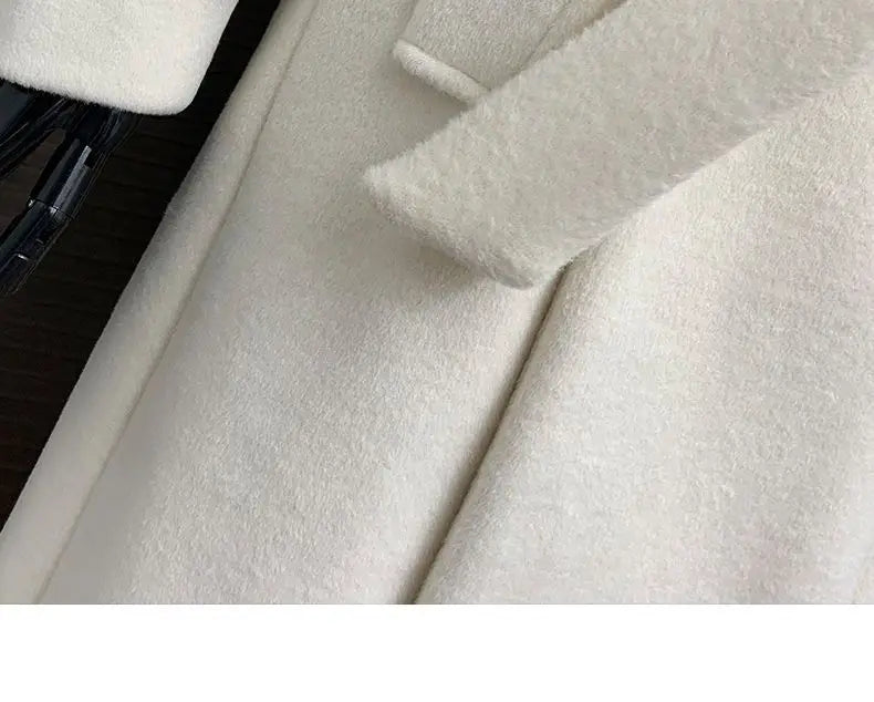 New Elegant White Woolen Coat - Thick Double-Breasted Long Winter/Autumn