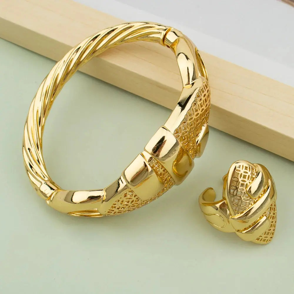 Cuff Bangle With Ring For Women 18K Gold Plated Bracelet Jewelry Nigerian Wedding Party Gift Dubai Hollow Out Design Bracelet JNi3 shop