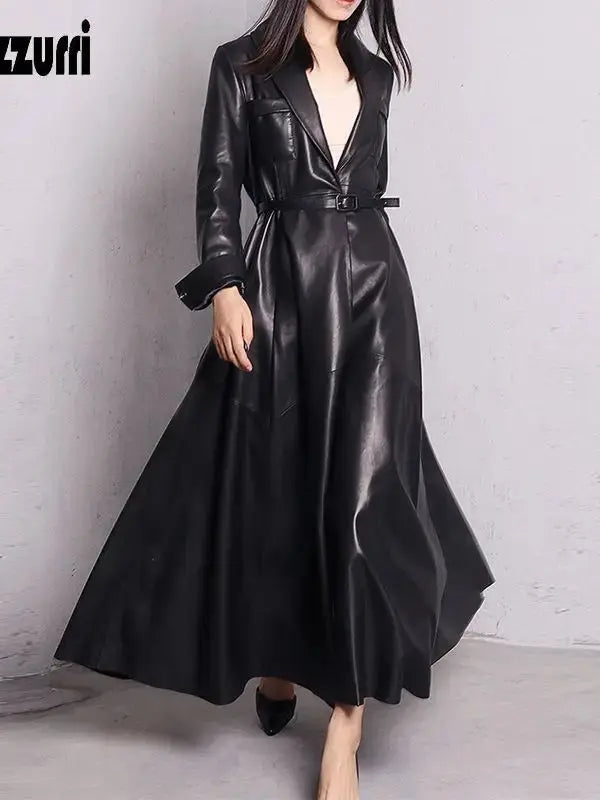 Nerazzurri High Quality Red Black Maxi Pu Leather Trench Coat for Women Extra Long Skirted Elegant Overcoat Fashion 5xl 6xl 7xl JNi3 shop