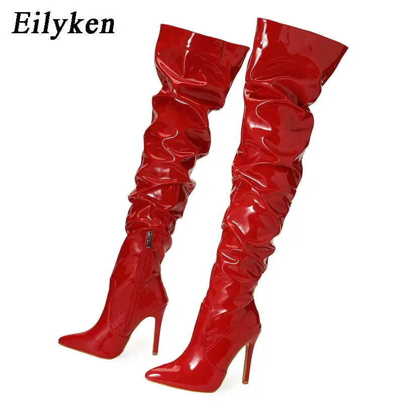 Eilyken Red Women Over The Knee Boots High Heels Patent Leather Solid Pointed Toe Stiletto Side Zipper Sapatos Femininos JNi3 shop