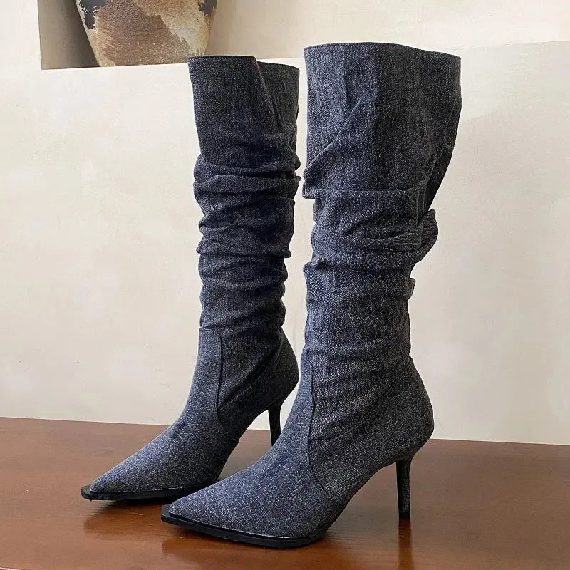 Eilyken New Sexy Thin Heels Pointed Toe Women Knee High Boots Autumn Winter Shoes 2026 High Quality Denim Zapatos Mujer JNi3 shop