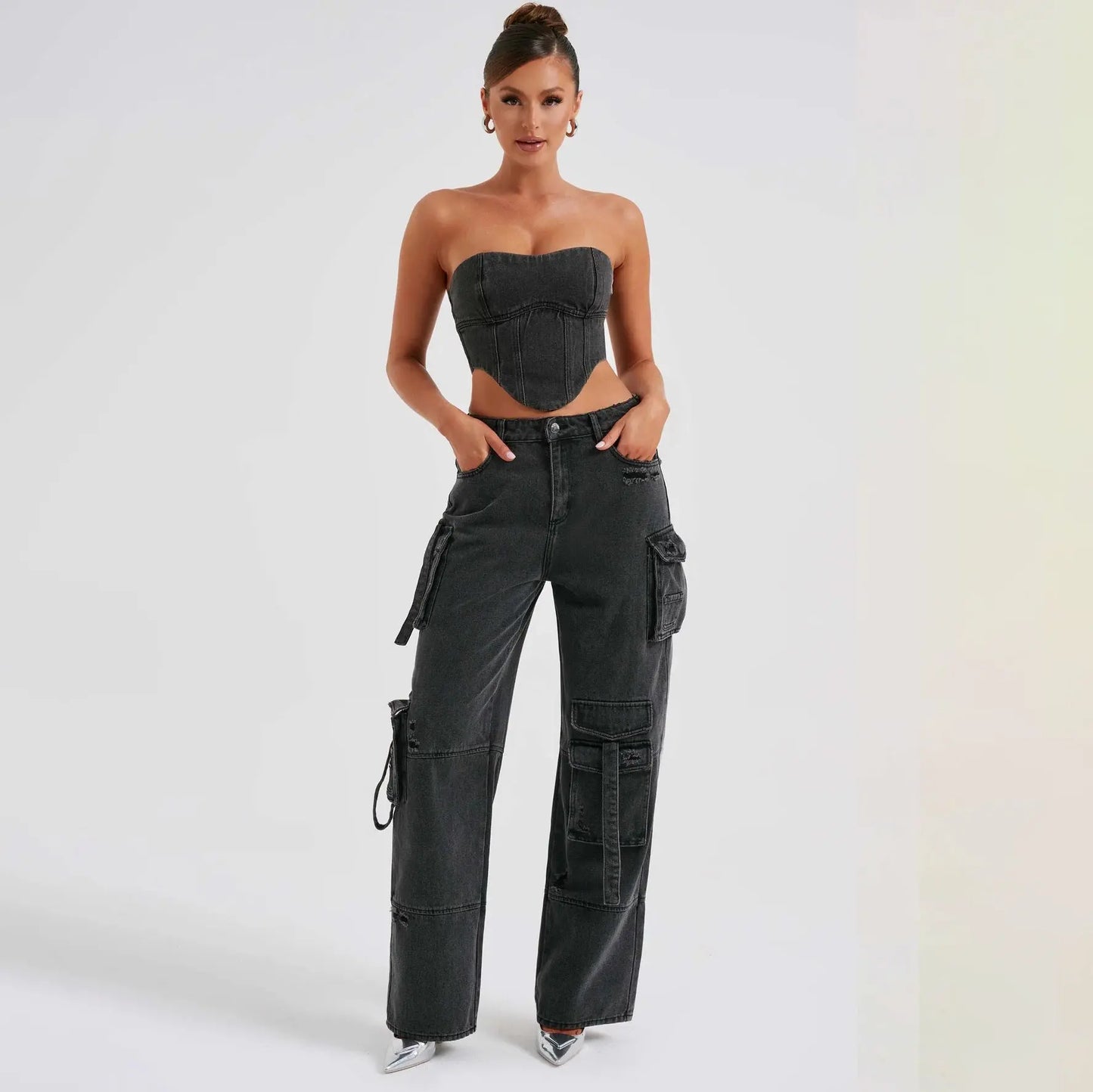 Women's Suit Low Waist Three-dimensional Tube Top And Pocket Stitching Jeans Pants Cjdropshipping