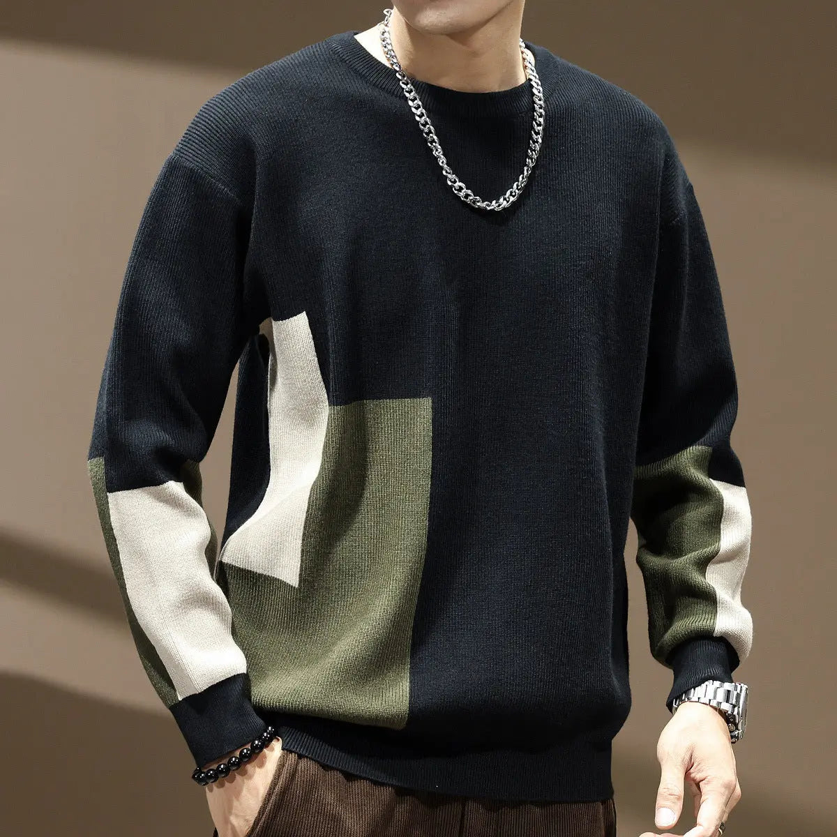 High Sense Color Contrast Patchwork Male Loose-fitting Oversized Sweater Dropshipman