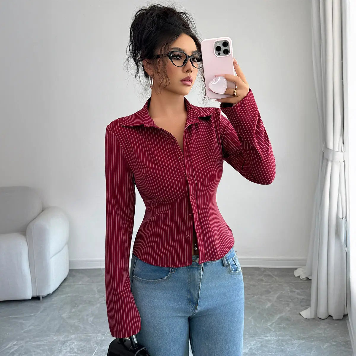 Fashion Striped Long Sleeves Cardigan Shirt Women JNi3 shop