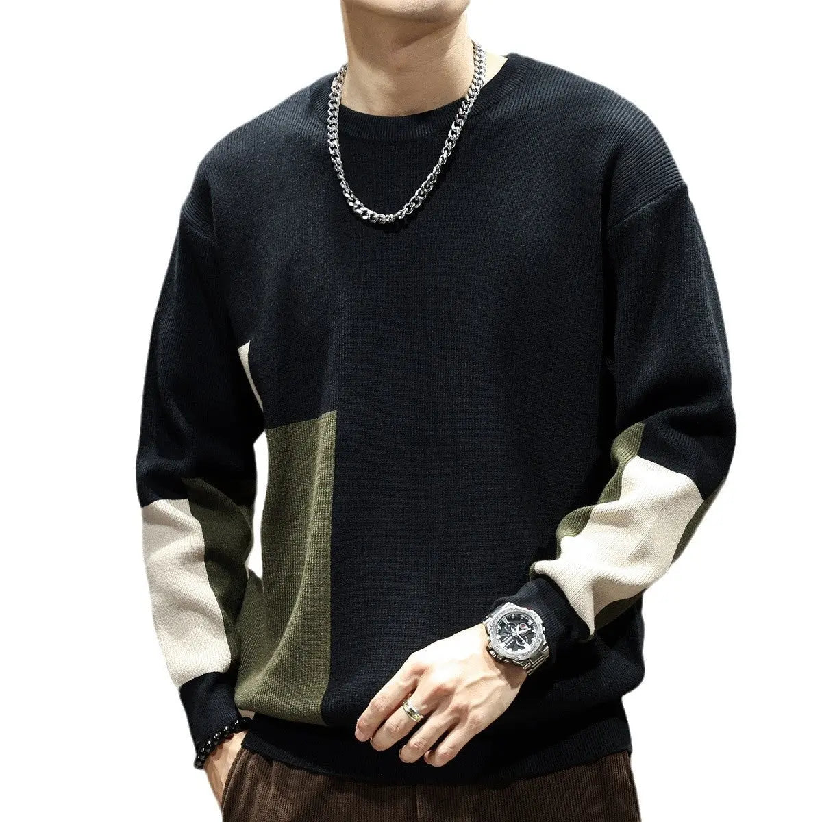 High Sense Color Contrast Patchwork Male Loose-fitting Oversized Sweater Dropshipman