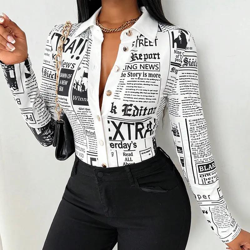 Women's Long Sleeve Casual Shirt - Spring&Fall Slim Fit Printed Blouse With Single Button Placket JNi3 shop